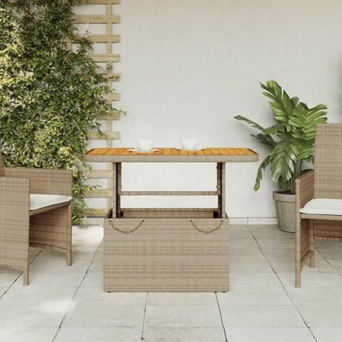 Poly Rattan Garden Table with Adjustable Acacia - Image 1