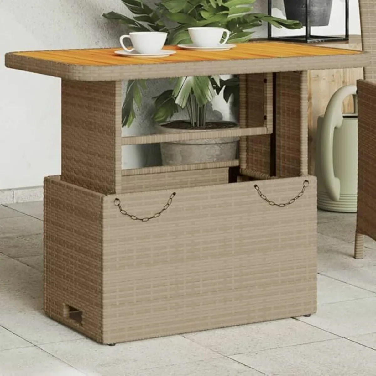 Poly Rattan Garden Table with Adjustable Acacia Wo - Image 4
