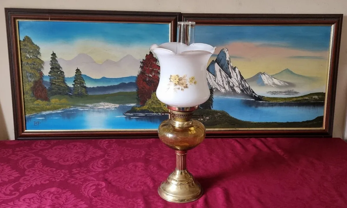 21"Tall Brass & Amber Glass Double Burner Oil Lamp - Image 1