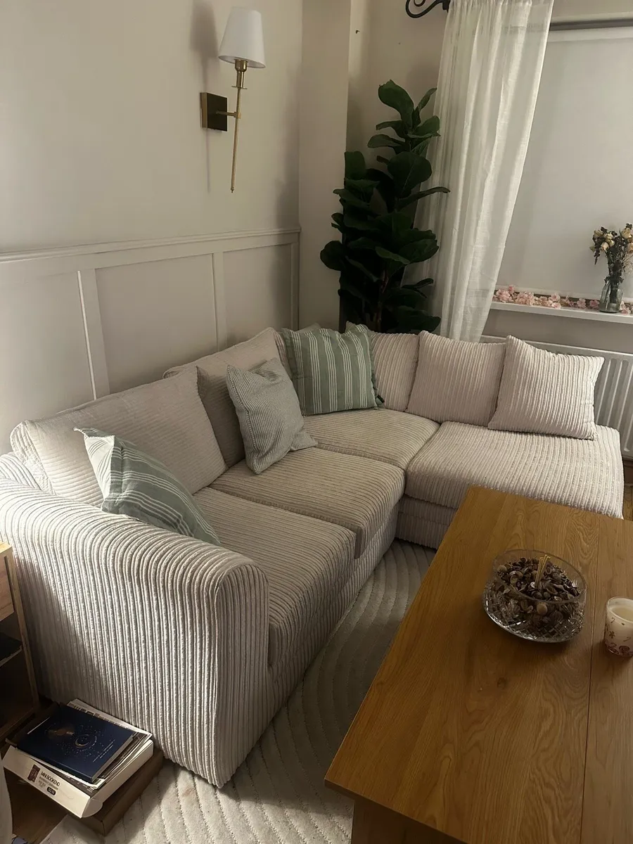 L-Shaped Corner Couch (Cream Corduroy) WITH POOF - Image 1
