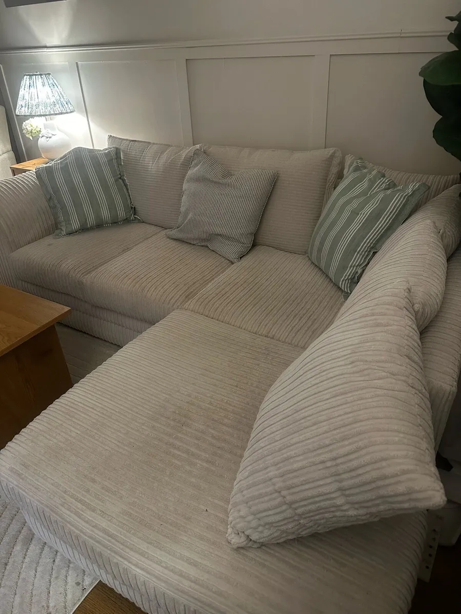 L-Shaped Corner Couch (Cream Corduroy) WITH POOF - Image 2