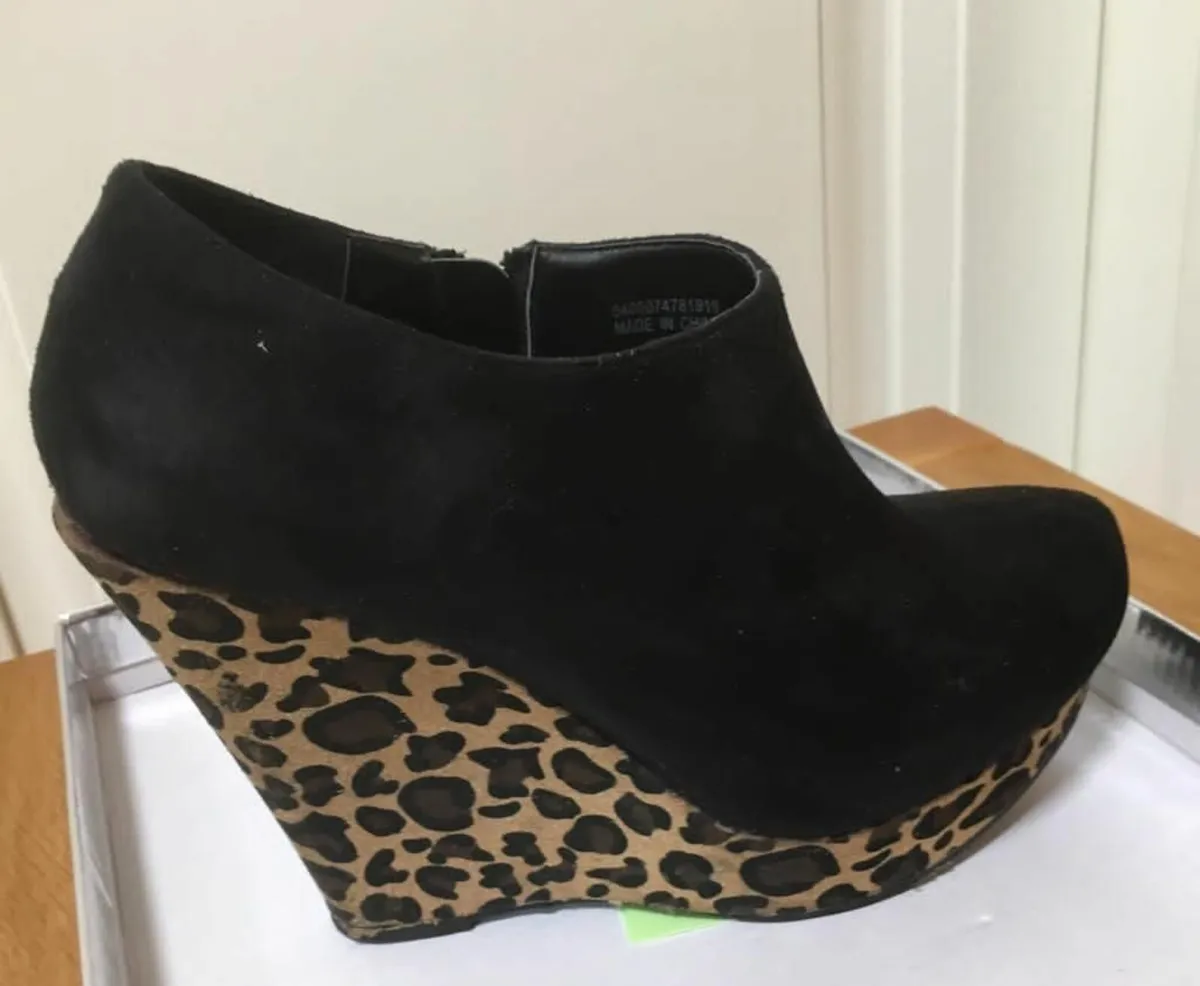Black Suede & Leopard Wedge Heel Boots -Size 6/39 - Image 3
