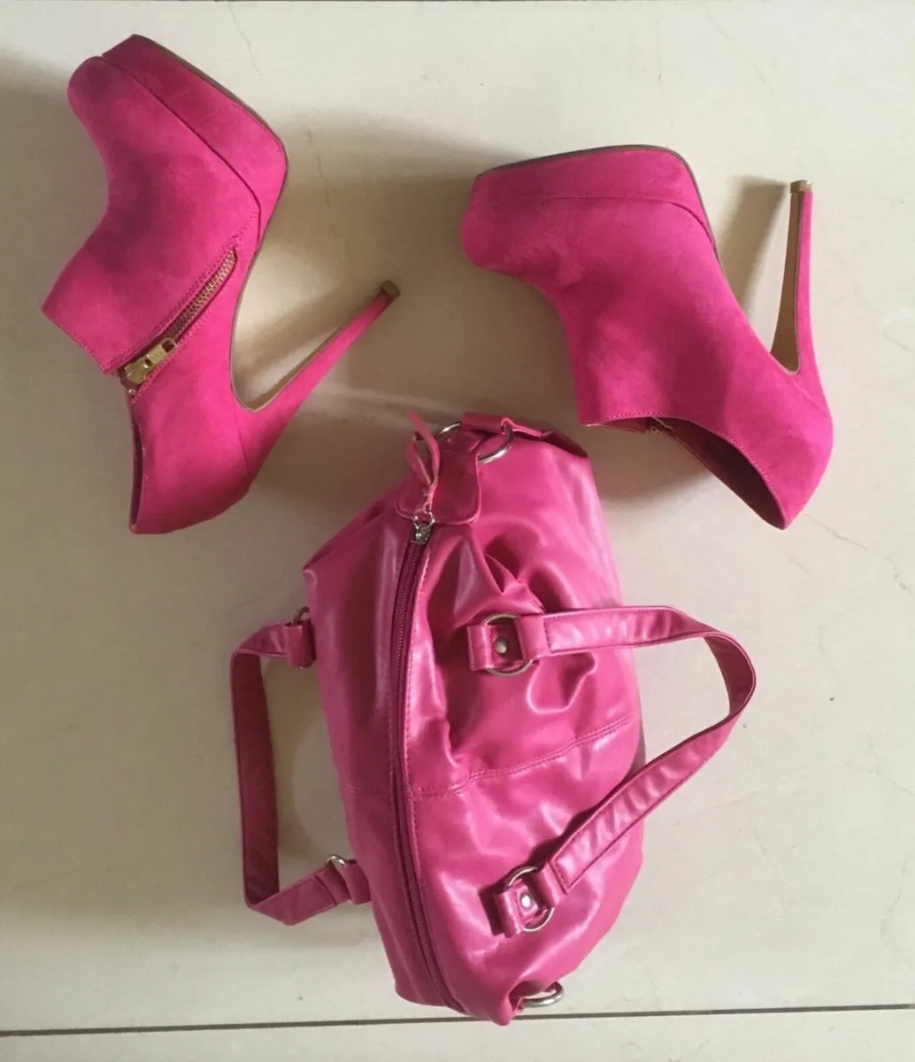 Pink Suede High Heel Shoe / Ankle Boot & Bag - Image 3