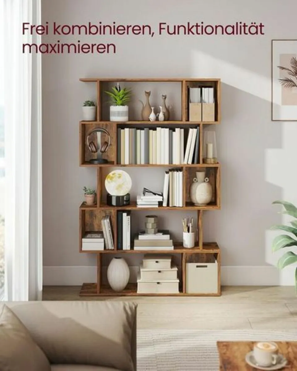 Zigzag 5 Tier Bookcase Vintage Brown or White Styl - Image 1