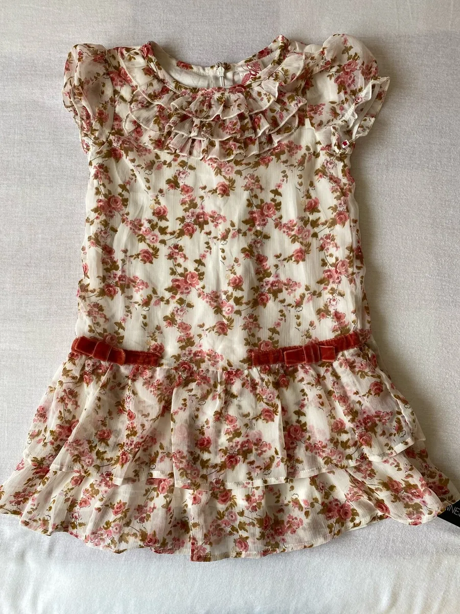 Girl’s Brand New Cream Flowers Print Dress - Image 2