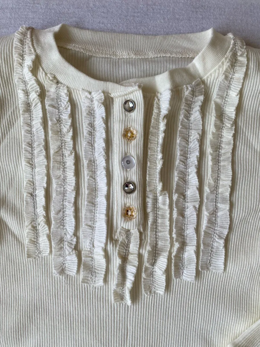Girl’s Cream Ribbon Top with Diamonds Buttons - Image 1