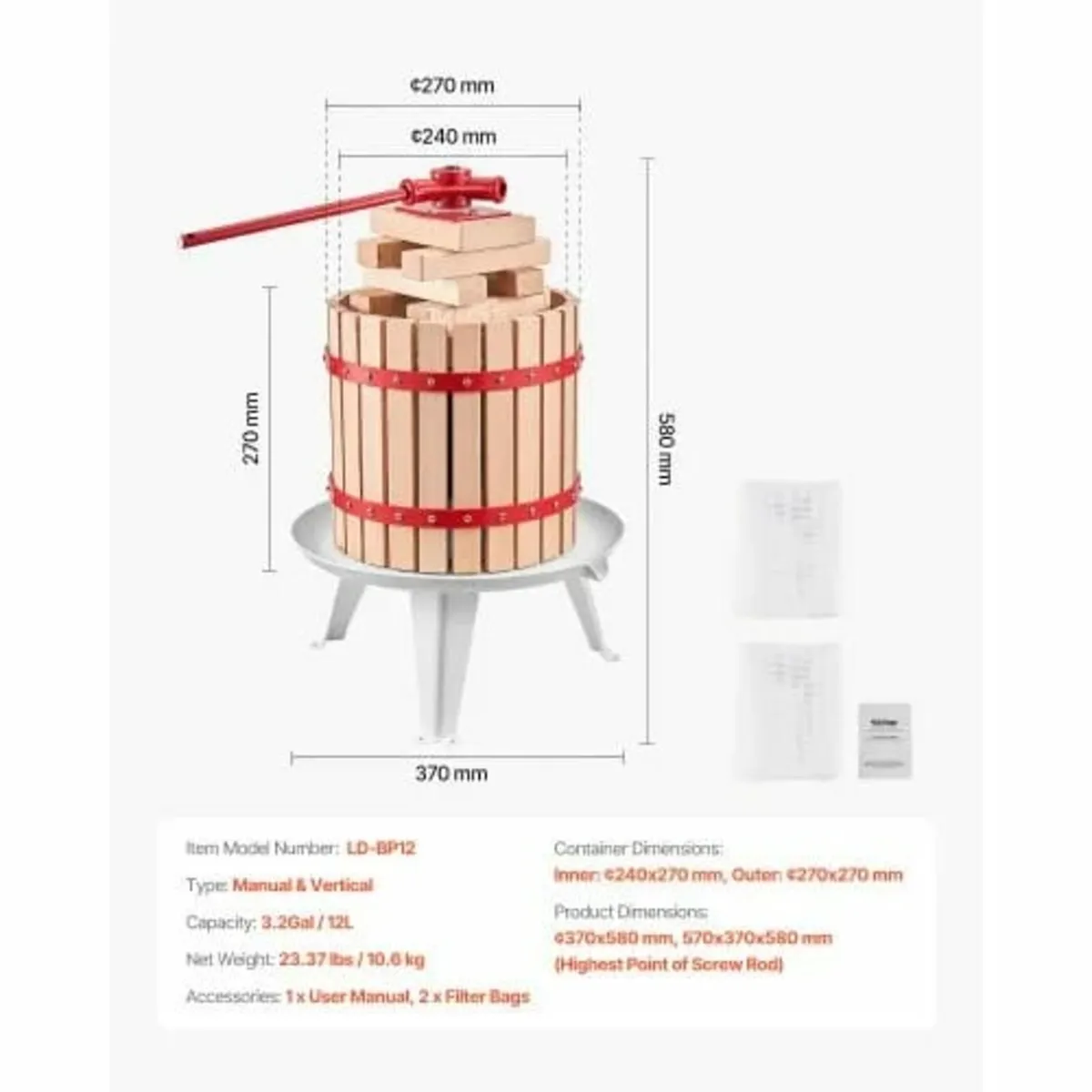 3.2 Gal/12L Fruit Wine Press, Solid Wood Basket wi - Image 2