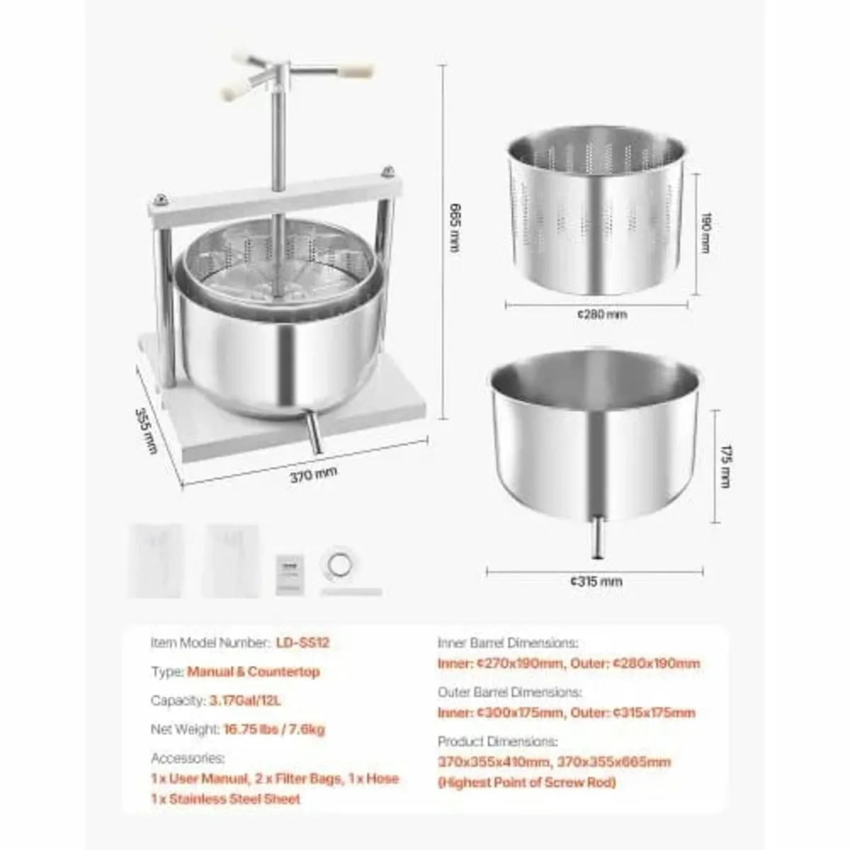 3.17 Gal/12L Fruit Wine Press, 2 Stainless Steel B - Image 2