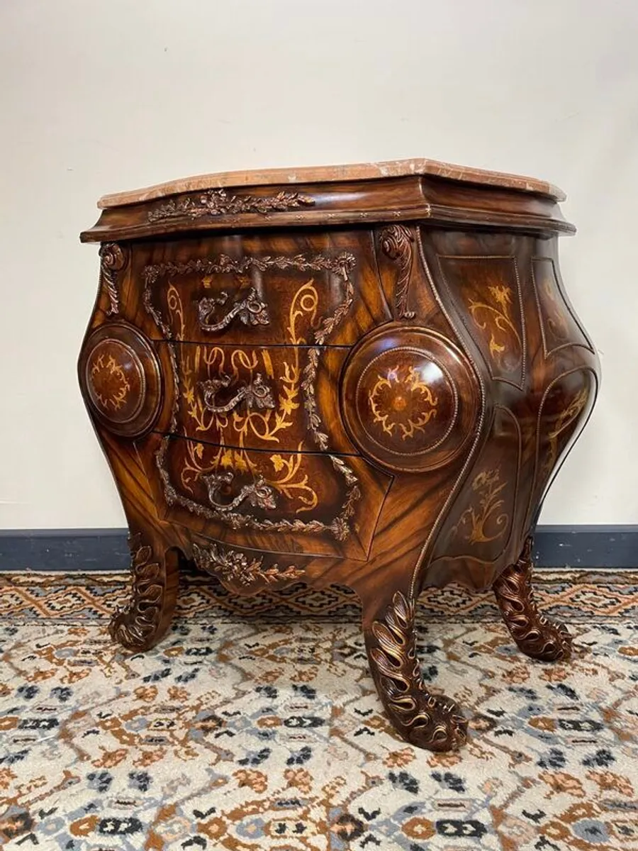 Exceptional Louis XV Style Bombe Chest of Drawers , Marble Top & Marquetry Detail - Image 1