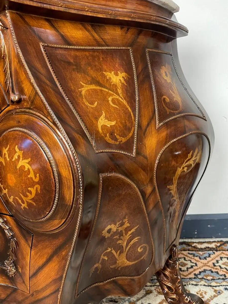 Exceptional Louis XV Style Bombe Chest of Drawers , Marble Top & Marquetry Detail - Image 2