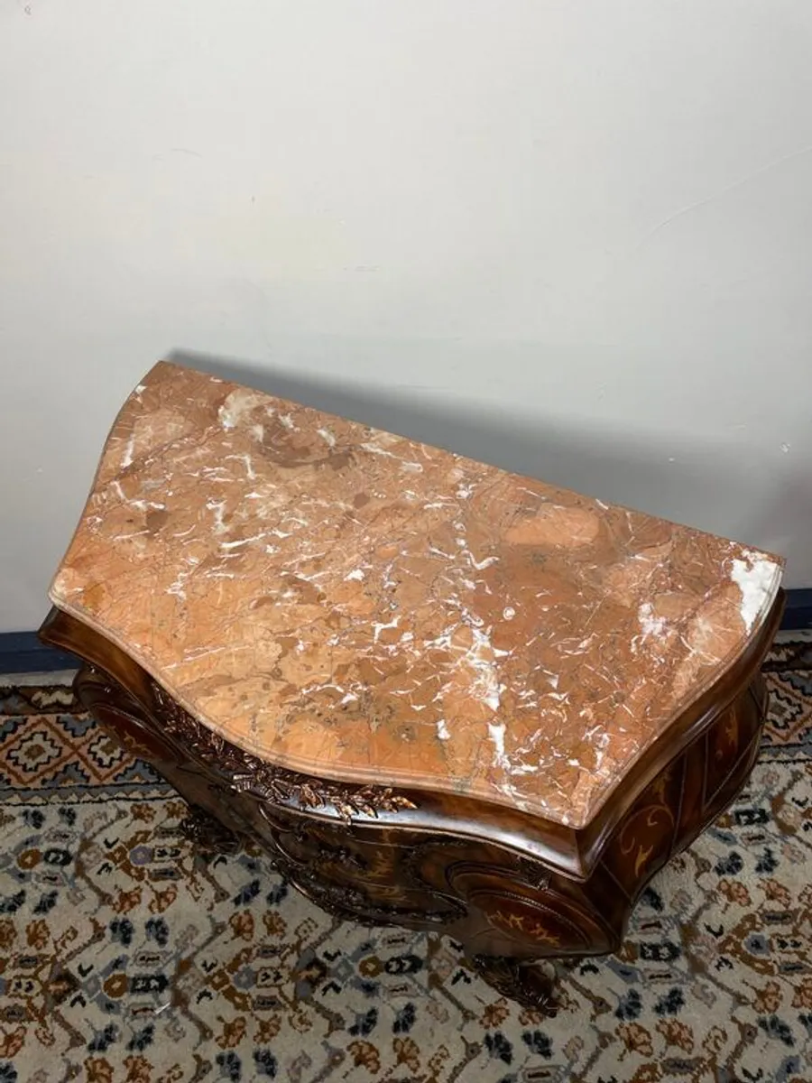 Exceptional Louis XV Style Bombe Chest of Drawers , Marble Top & Marquetry Detail - Image 3