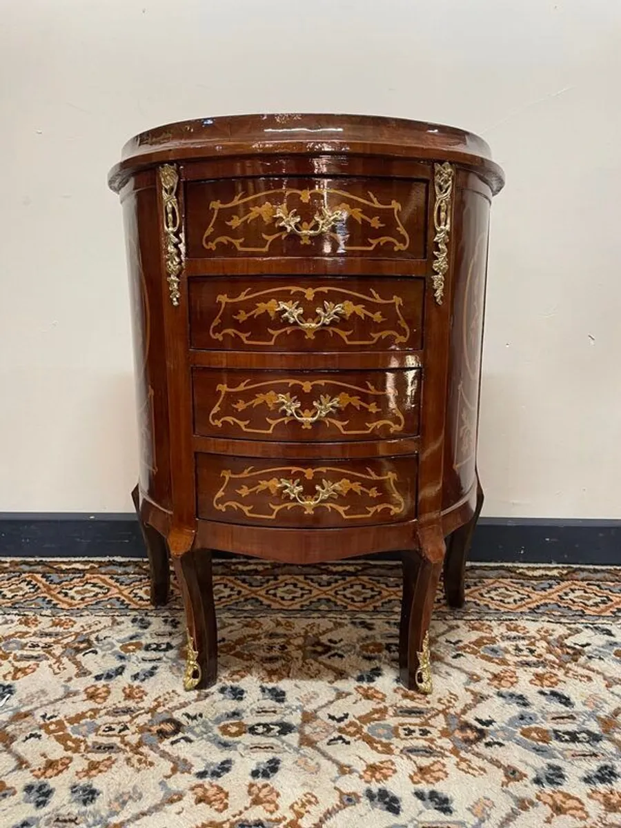 Vintage Demilune Inlaid Chest of Drawers , Brass Details & Curved Charm - Image 1