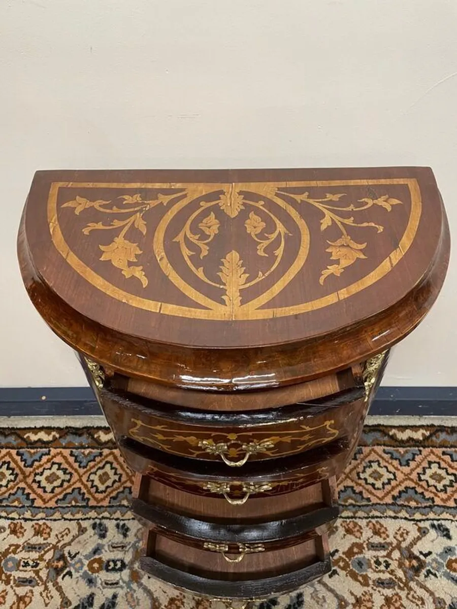 Vintage Demilune Inlaid Chest of Drawers , Brass Details & Curved Charm - Image 3