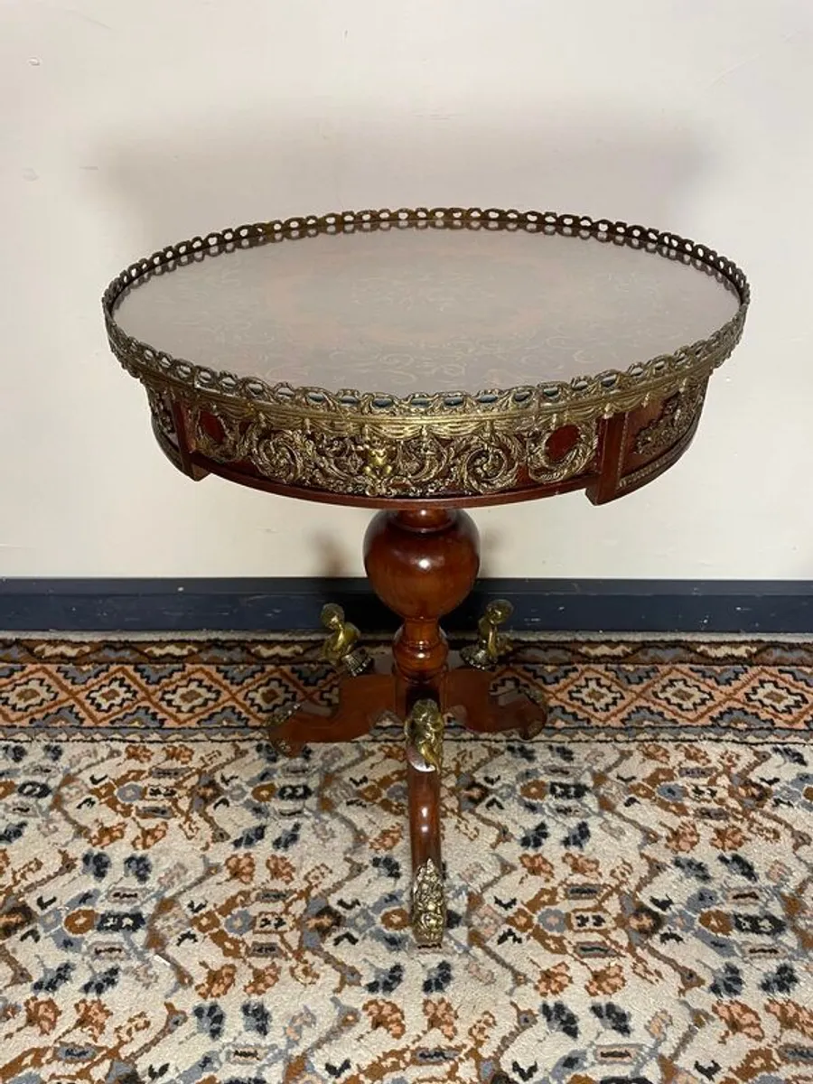 French Style Marquetry & Brass Round Centre Table , Cherub Motifs & Glass Top - Image 1