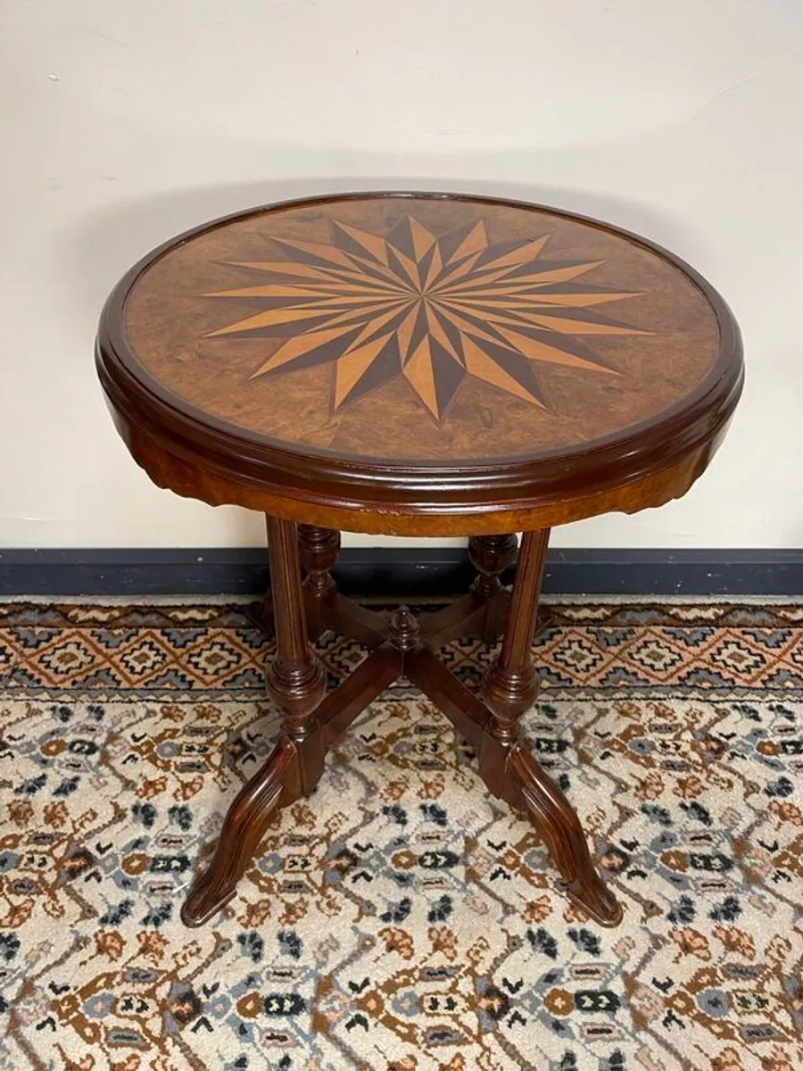 Victorian Style Carved Round Centre Table , Starburst Inlay Top - Image 1