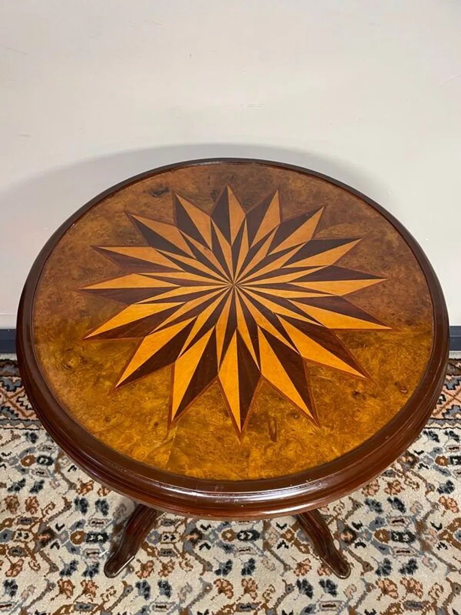 Victorian Style Carved Round Centre Table , Starburst Inlay Top - Image 2