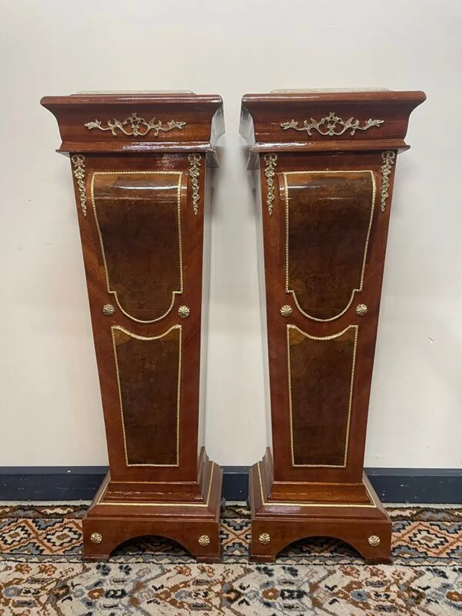 Pair of Mahogany Inlay & Brass Decorated Pedestals or Columns , Marble Tops & Walnut Veneer Panels - Image 1