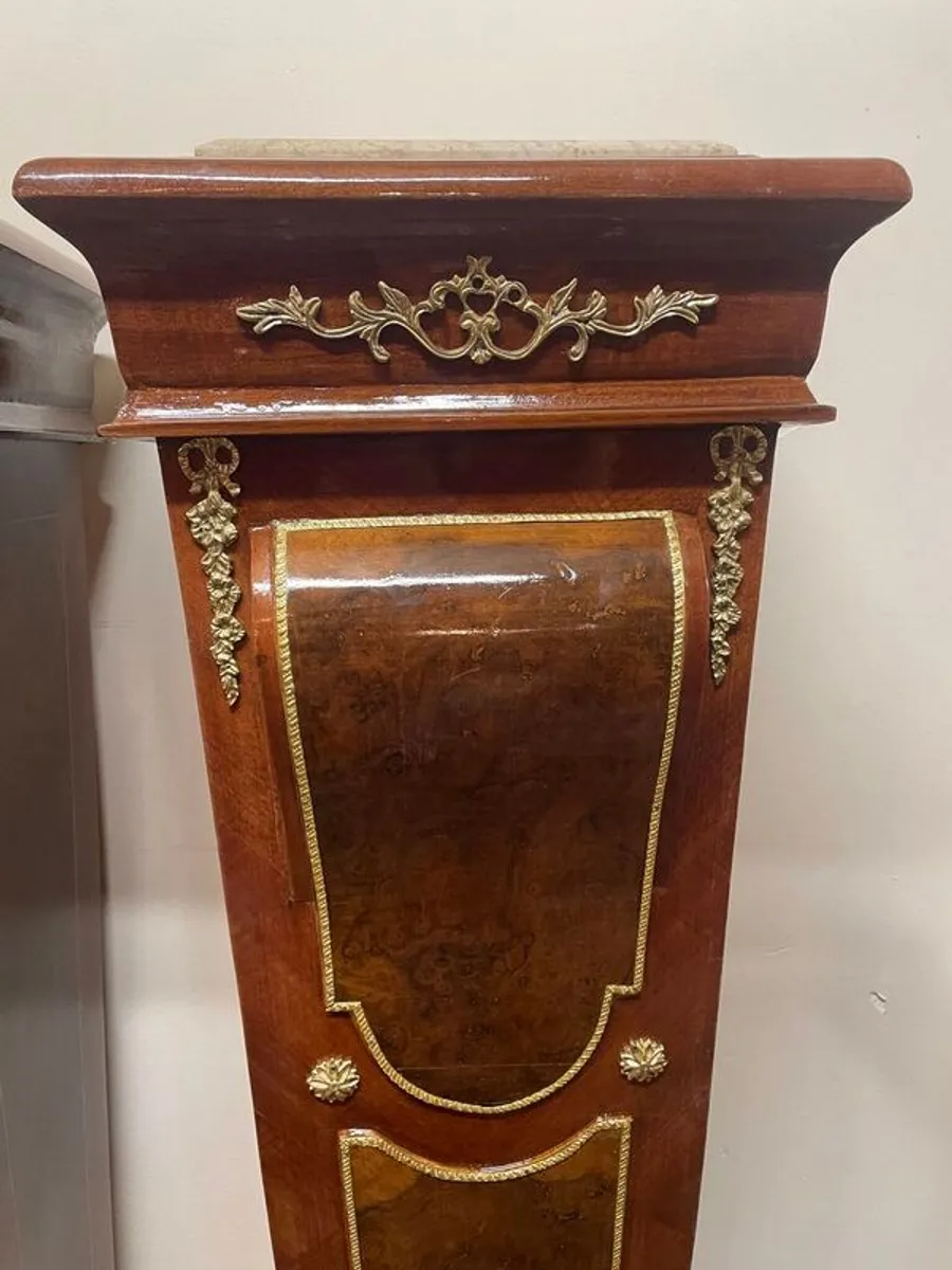 Pair of Mahogany Inlay & Brass Decorated Pedestals or Columns , Marble Tops & Walnut Veneer Panels - Image 2