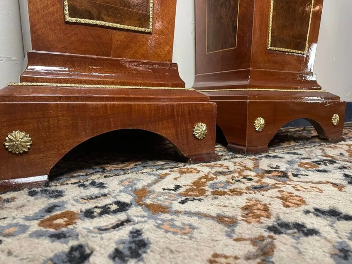 Pair of Mahogany Inlay & Brass Decorated Pedestals or Columns , Marble Tops & Walnut Veneer Panels - Image 4