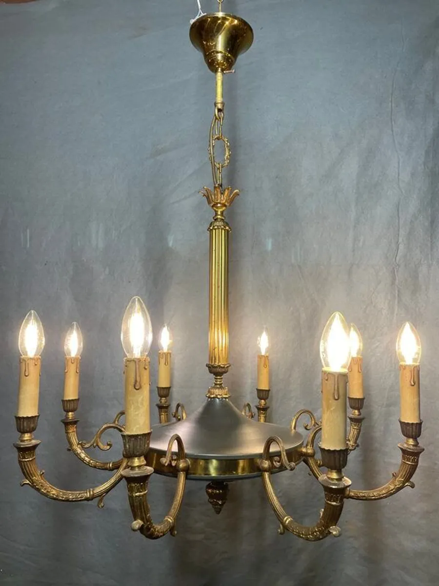 Empire Style Brass and Royal Green Chandelier , 8 Branches - Image 1