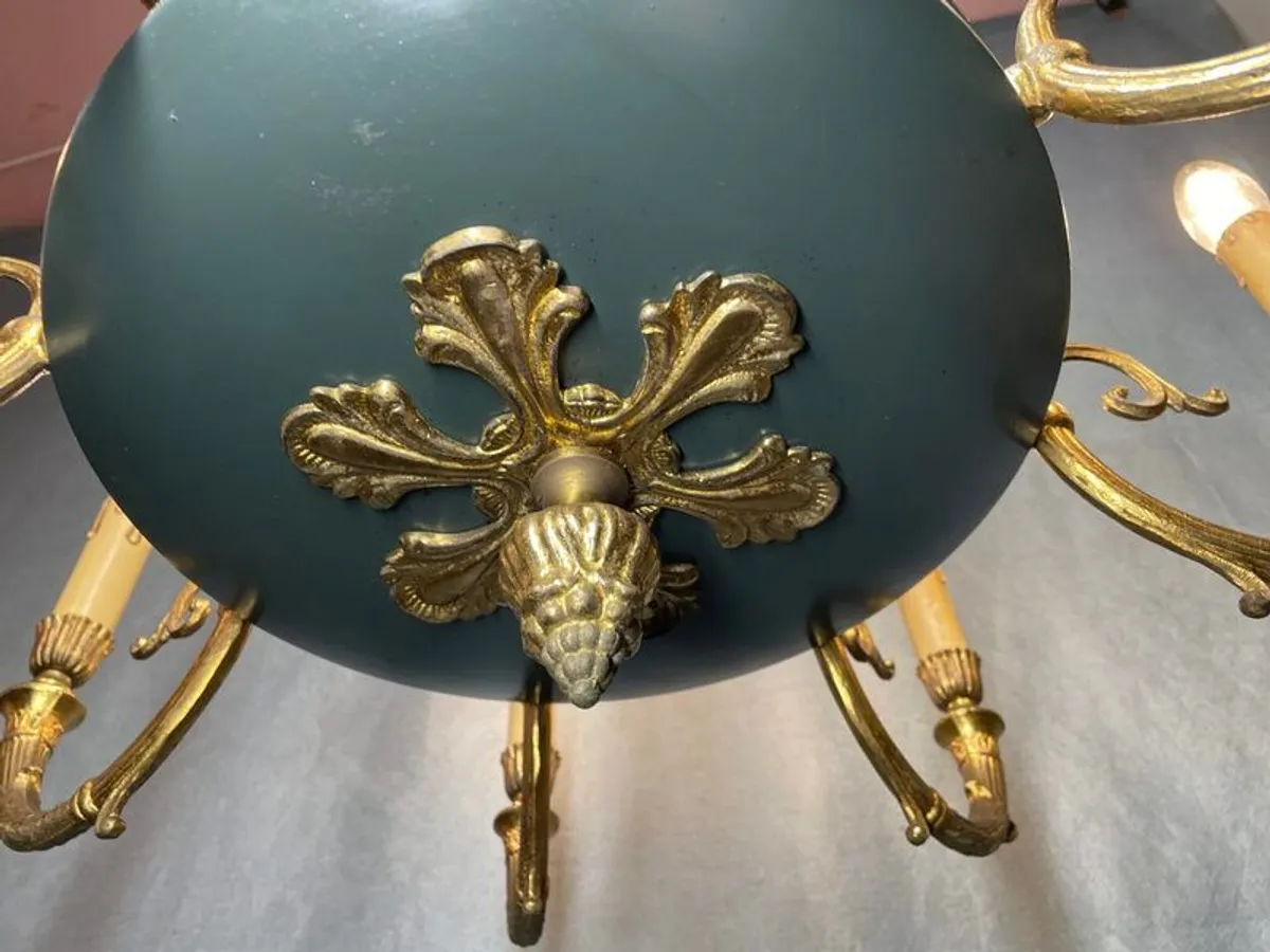 Empire Style Brass and Royal Green Chandelier , 8 Branches - Image 3