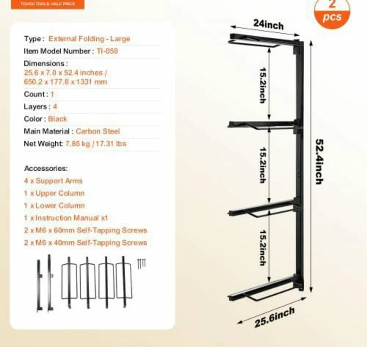 Wall Mount Saddle Rack, 24 x 7 x 52 in, Four Tiers - Image 2