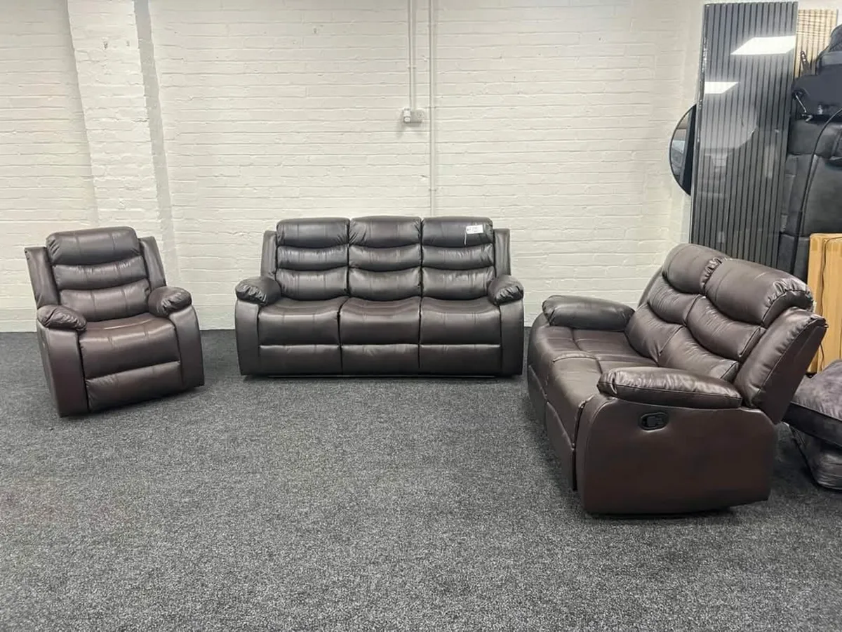 "Brown 3/2 Leather Recliner Sofa With console" - Image 2