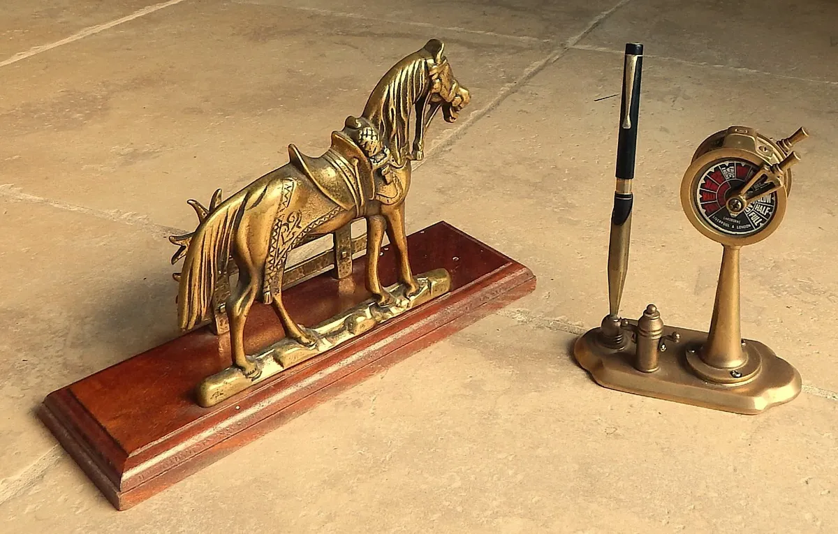 Brass Equestrian Figurine Letter Rack & Pen Holder - Image 1
