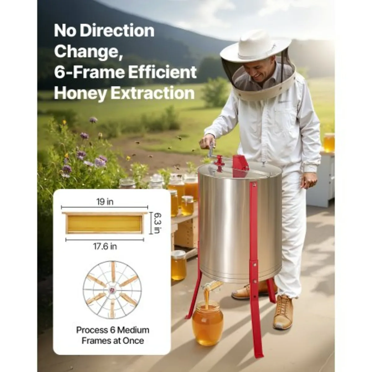 Honey Extractor, 6 Frame Manual Honey Spinner with - Image 4