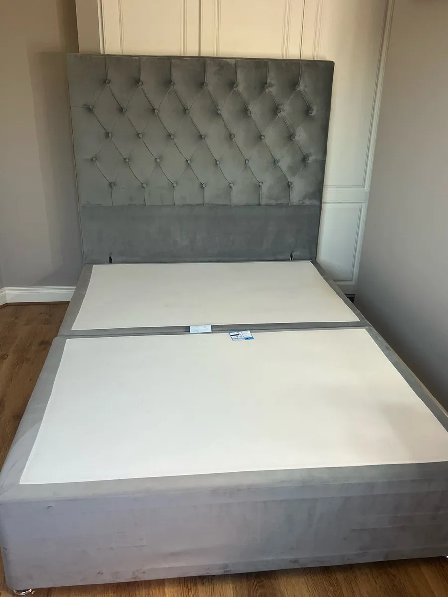 Grey Velvet Double Bed with Storage - Image 1