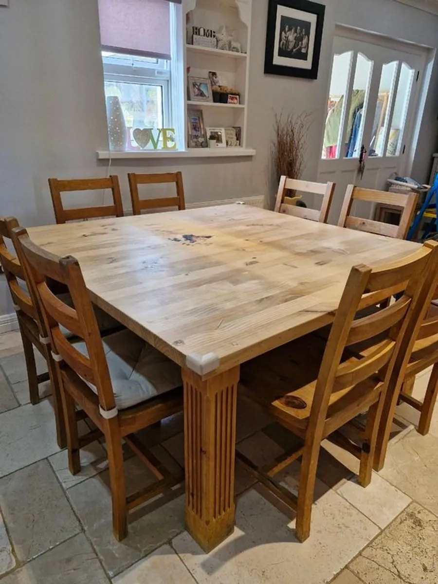 Large wooden square table with 8 chairs - Image 2