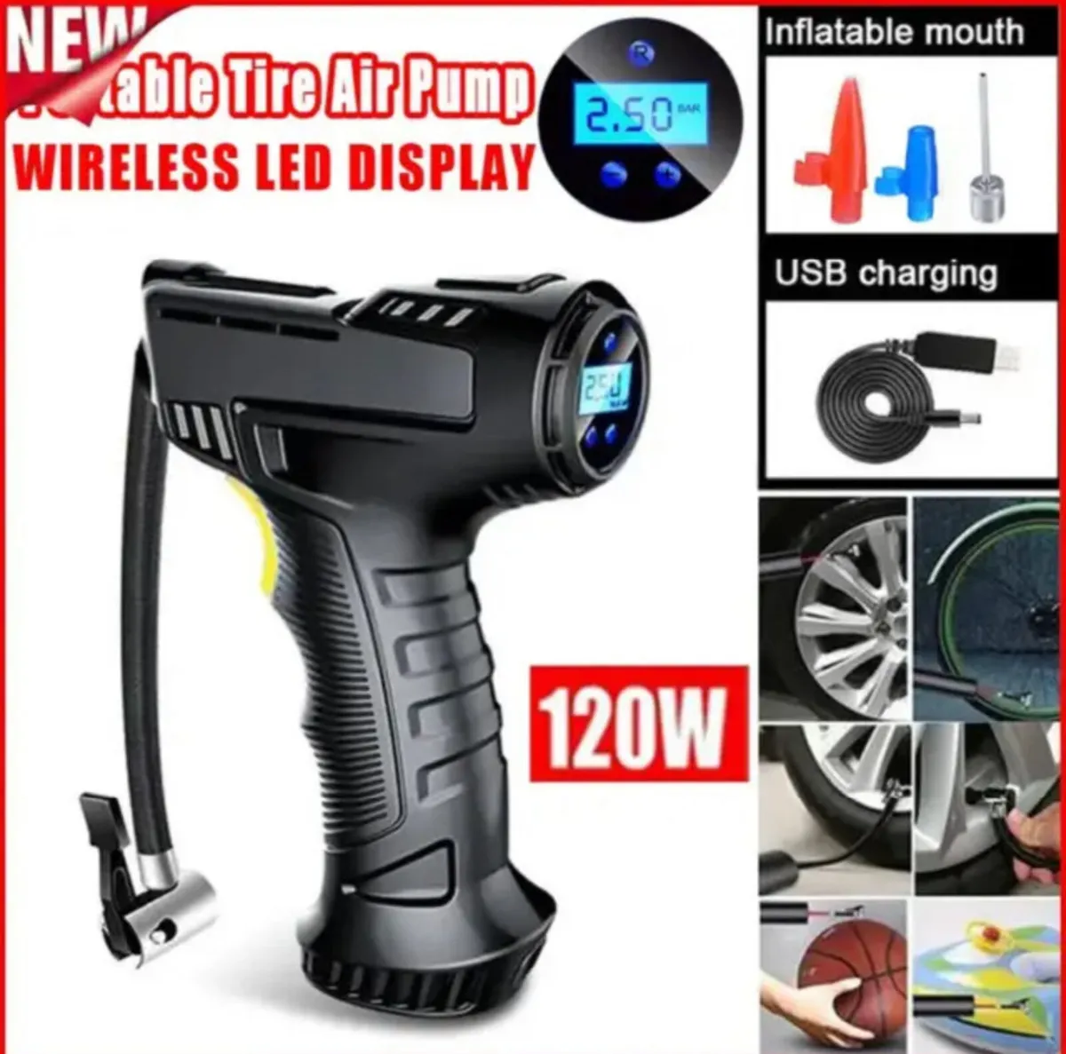 Cordless Car Bike Tyre Inflator Rechargeable NEW - Image 3