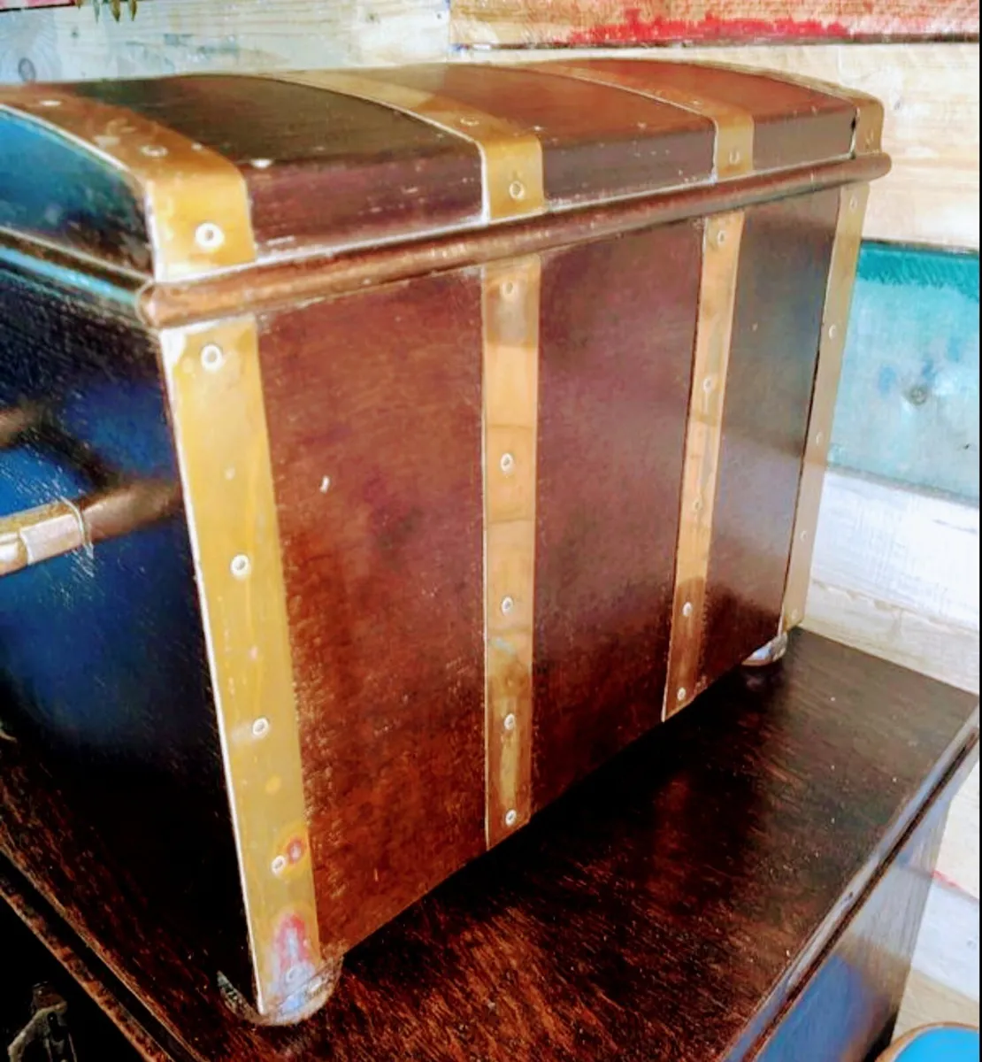 Antique  oak trunk with brass bindings - Image 1