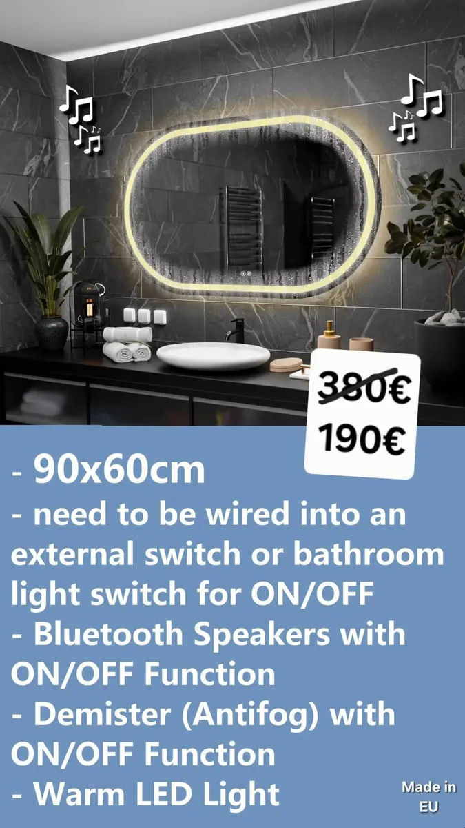 LED Bathroom Mirror 90x60cm Antifog Speakers