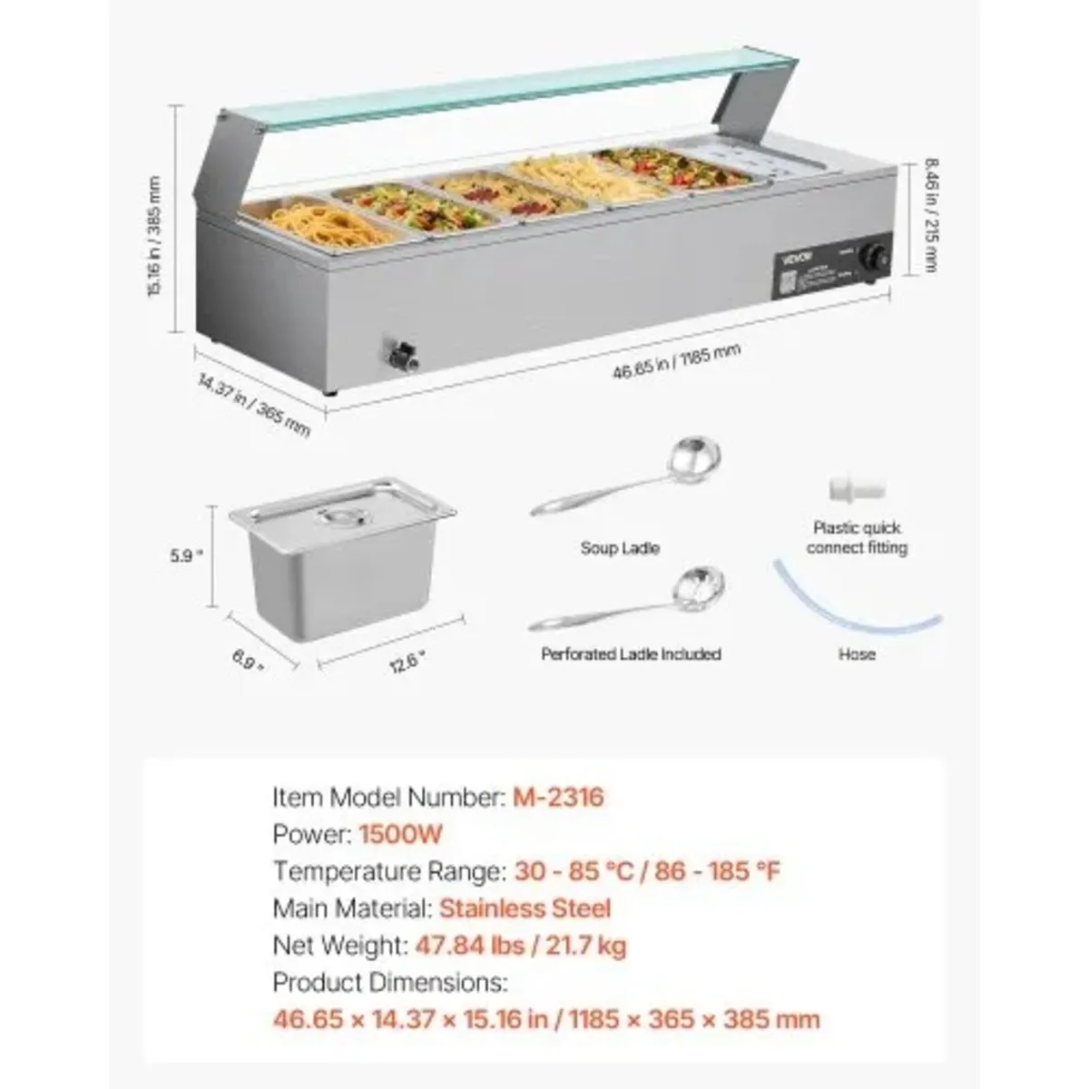 New 6 x 1/3 Size Pans Buffet Bain Marie 220v - Image 2