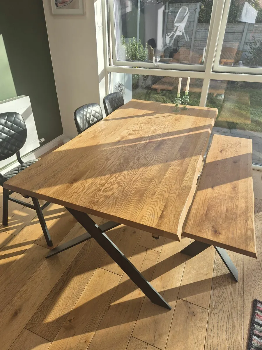 Solid Oak Dining Table, Bench, Extension & Chairs - Image 1