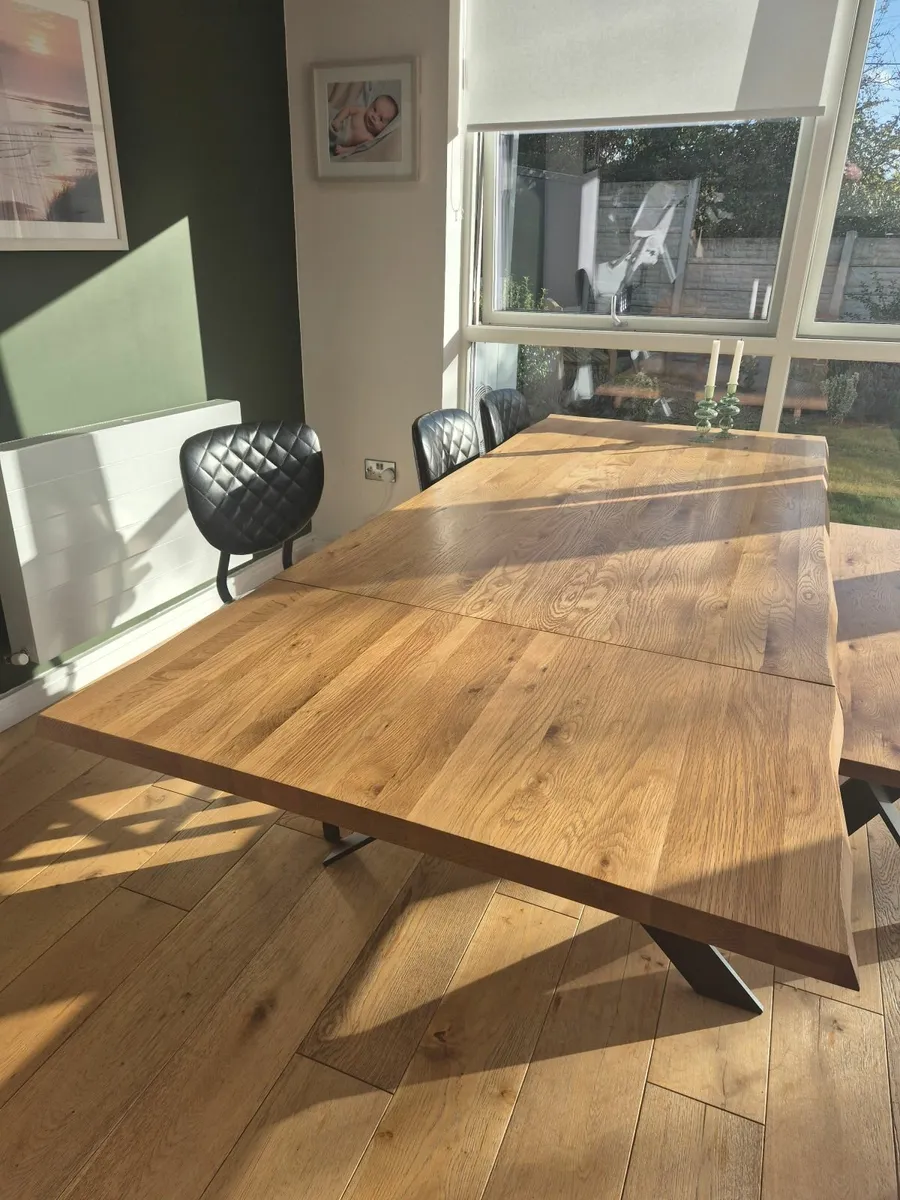 Solid Oak Dining Table, Bench, Extension & Chairs - Image 3