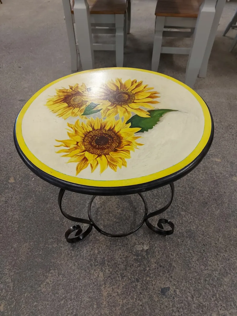 Wrought-iron base side table artist painted top - Image 1