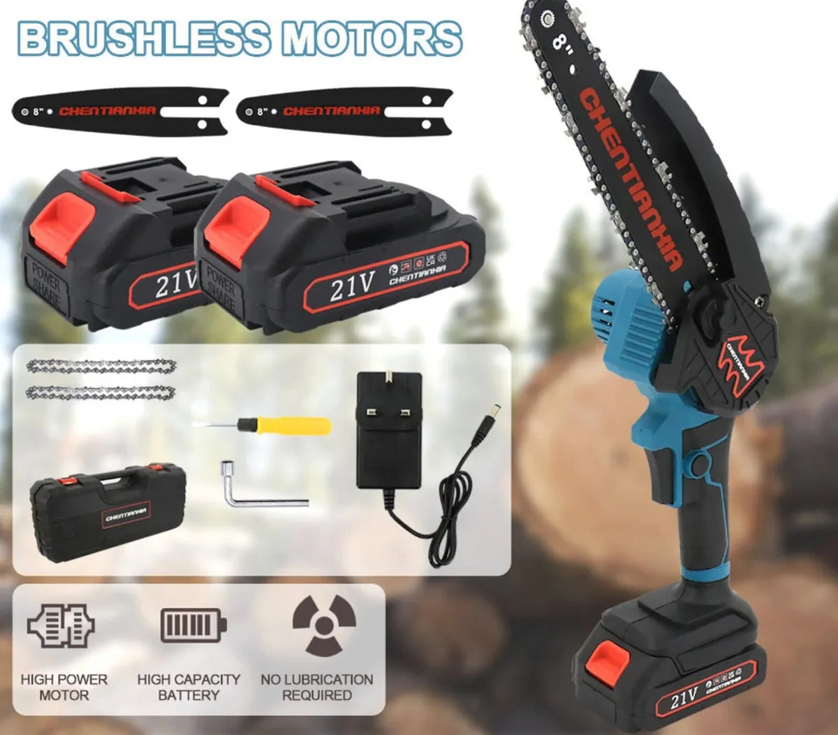 8 inch Cordless Mini Chainsaw 8” with 2 Batteries - Image 1