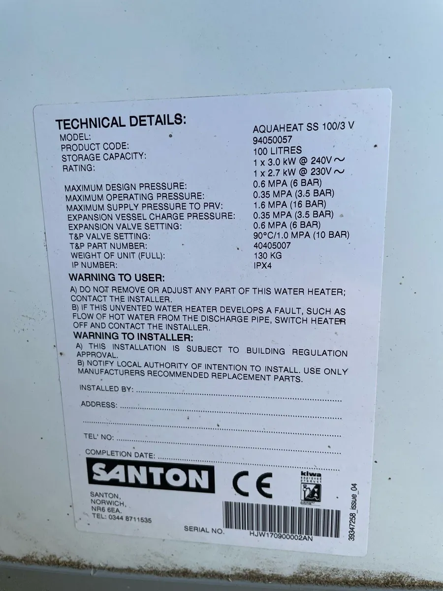 Santon aquaheat ss 100 litres - Image 2