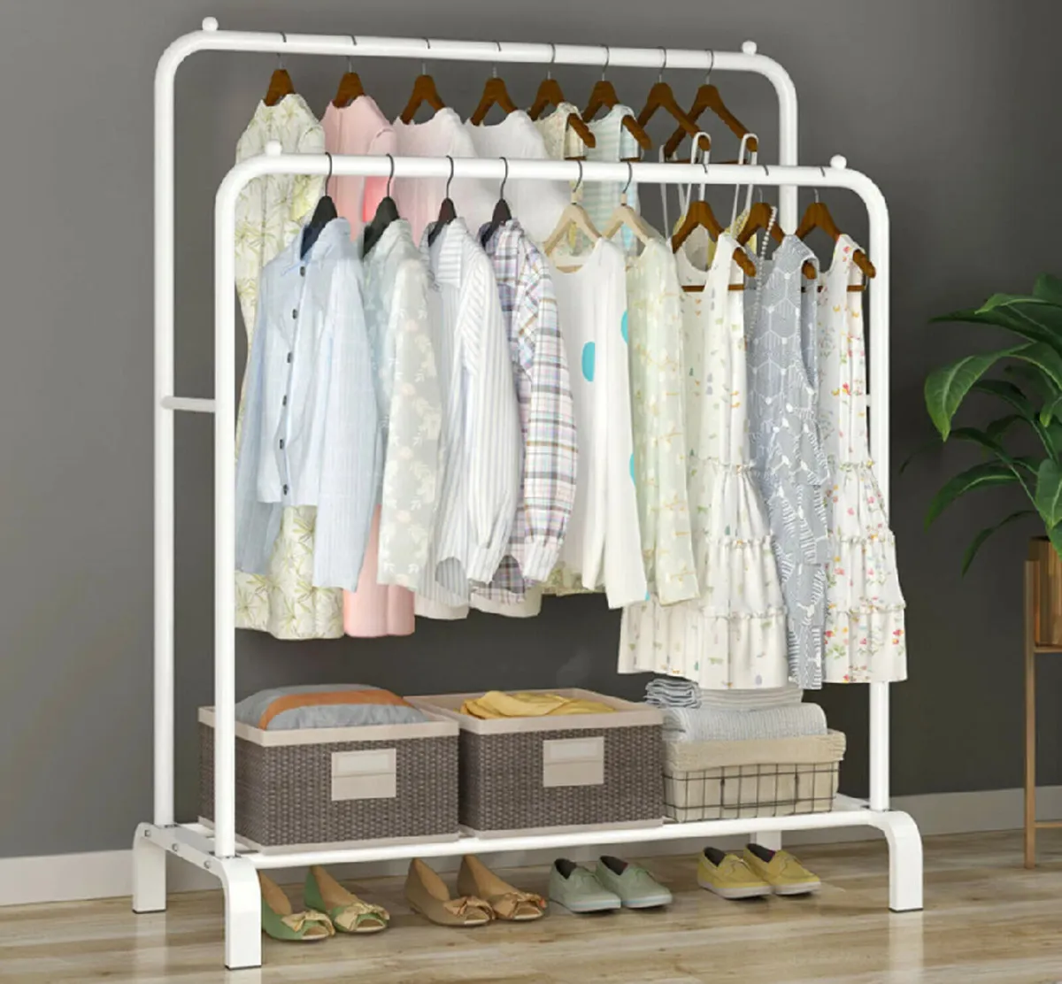 White Metal Double Clothes Rail with Shelf - Image 2