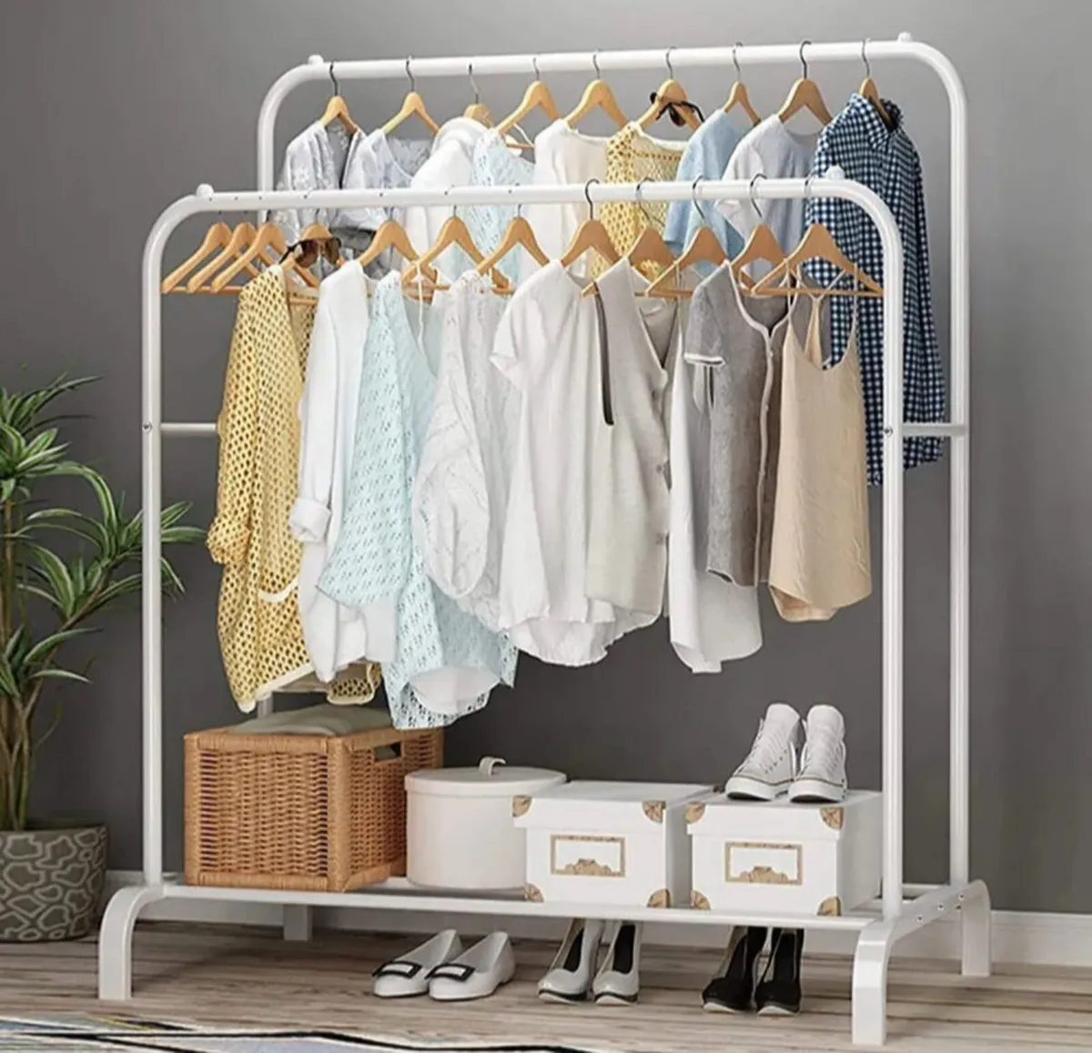 White Metal Double Clothes Rail with Shelf - Image 1