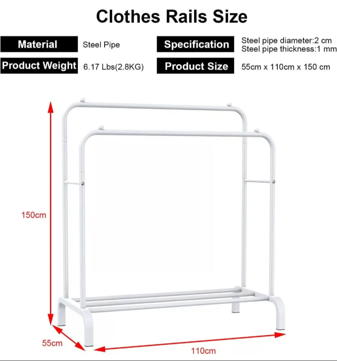White Metal Double Clothes Rail with Shelf - Image 3