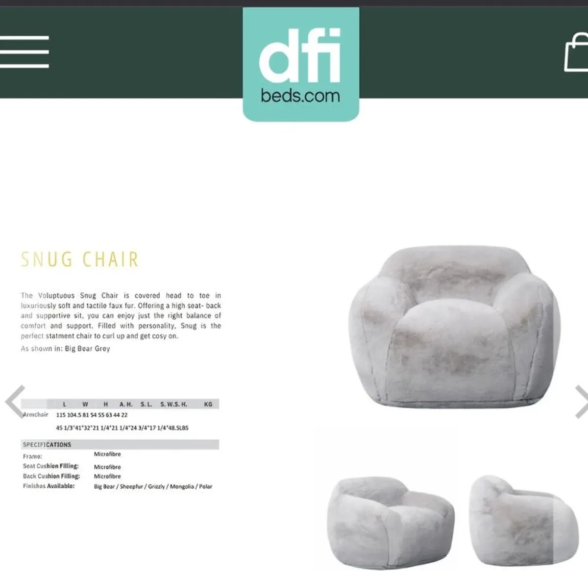 SNUGGLE DFI faux fur large grey Chair - Image 1