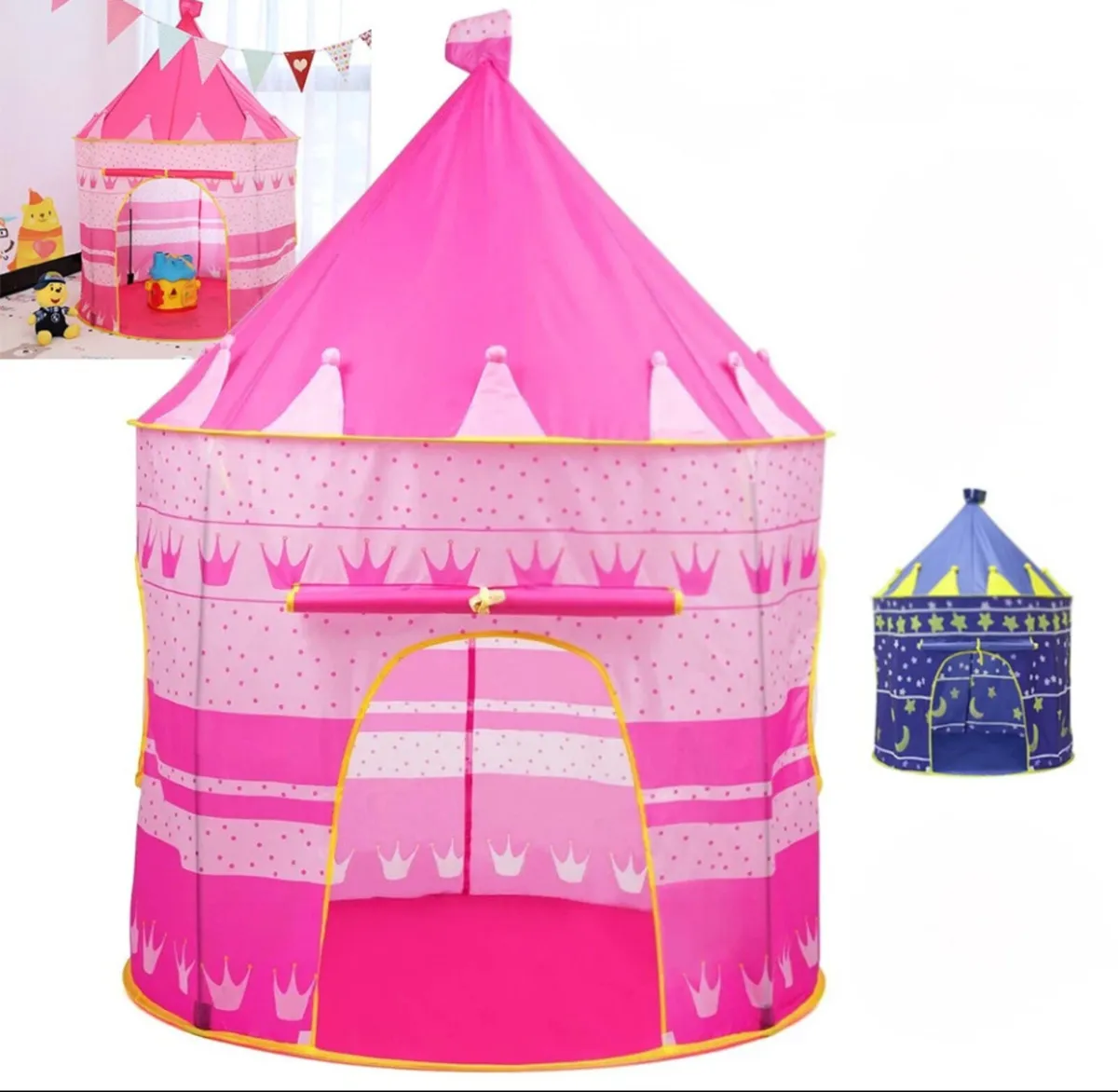 Childrens Kids Pop Up Play Tent Playhouse Pink/Blu - Image 1