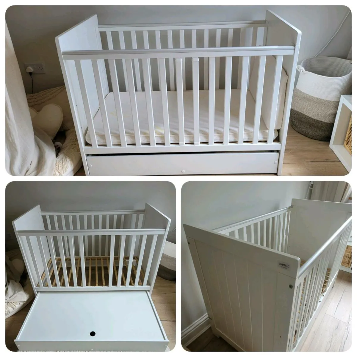 White Baby Cot 120x60 cm with Drawer + Mattress - Image 1