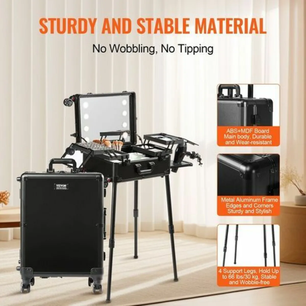 Makeup Train Case with Lock, Lighted Mirror, 4 Sto - Image 4