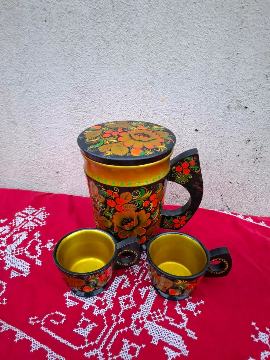 Russian handpainted wood tea service - Image 1
