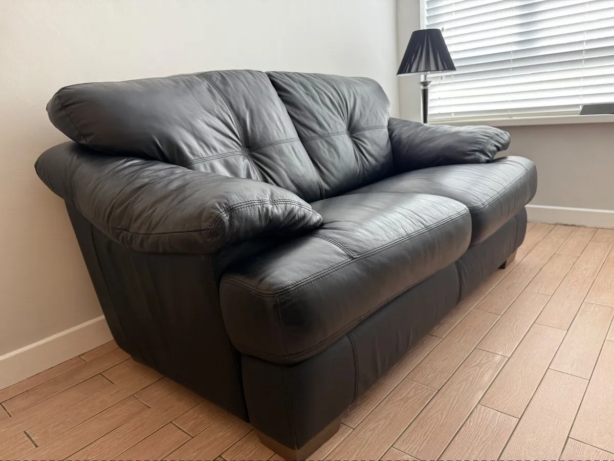 Black Leather Two Seater Sofa - Image 2