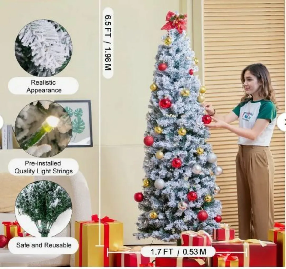 Christmas Tree, 6.5ft Prelit Flocked Artificial - Image 4